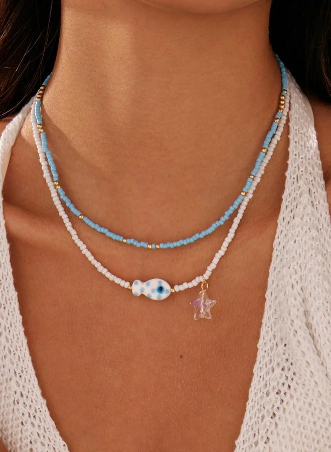 Take Two  Pack of 2 - Blue Beaded Necklace with Fish Charm for Women | Best Price UAE